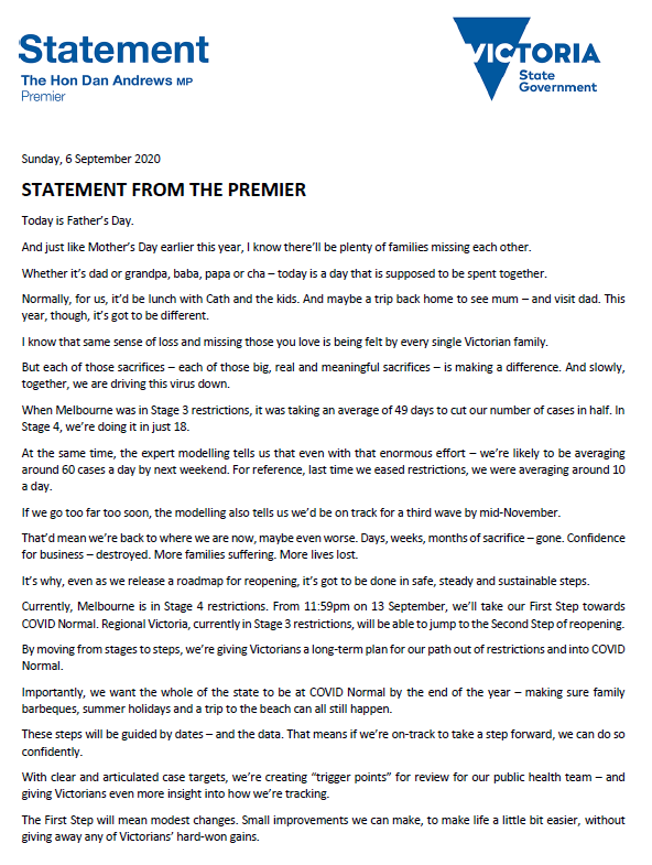 维州州长宣布解封路线图 第四阶段延期2周 9月14日起 宵禁改从9点开始 外出锻炼延至2小时 有吧新闻