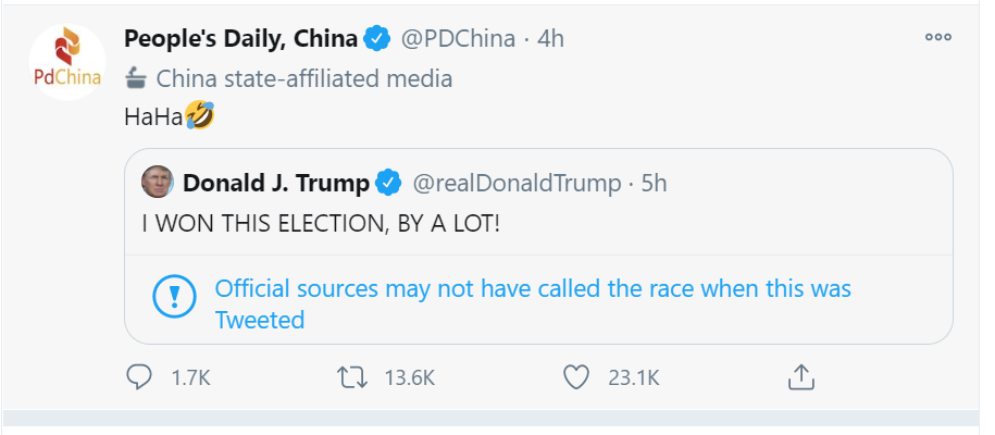 【美国总统大选直播】拜登和贺锦丽发表获胜讲话!川普坚持不认输!澳洲总理公开祝贺,人民日报推文嘲讽川普
