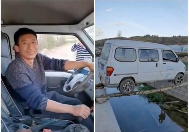 中国面包车司机艺高胆大 木棍”桥梁”倒车过桥