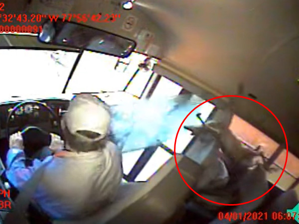 监拍:天外飞鹿!冲破挡风玻璃上校车 学生被压醒